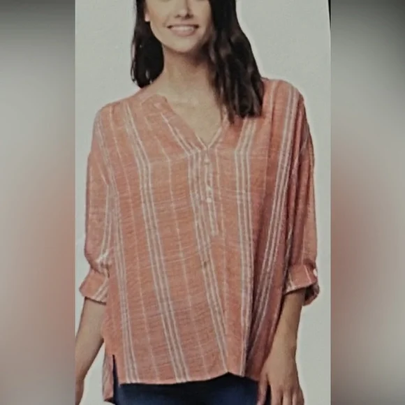 Nine West Women’s Hi-Lo Roll Tab Sleeves Top Tunic Striped Size XXL - Picture 1 of 9